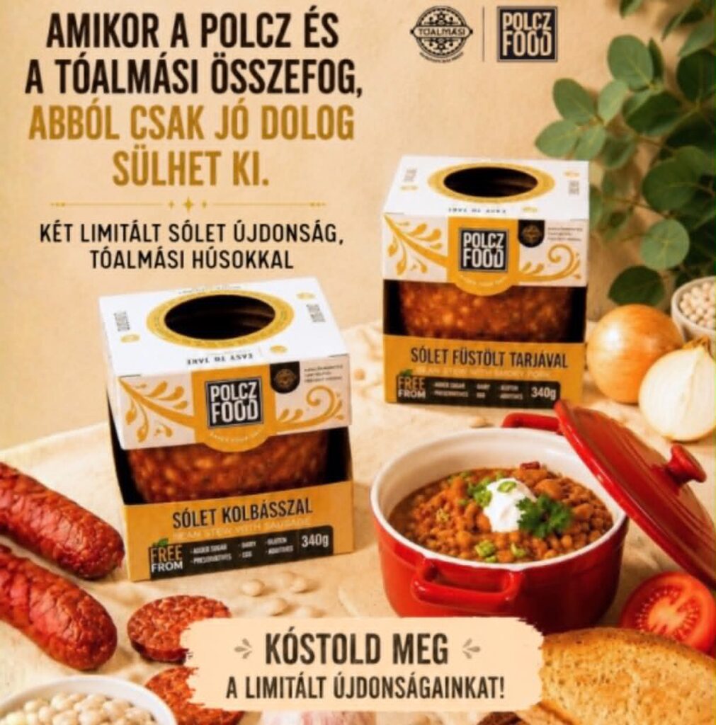 Polcz Food és Tóalmási limitált kiadású sólet kolbásszal és sólet füstölt tarjával. Készételek adalékanyag- és tartósítószer-mentesen, tálalási javaslattal.